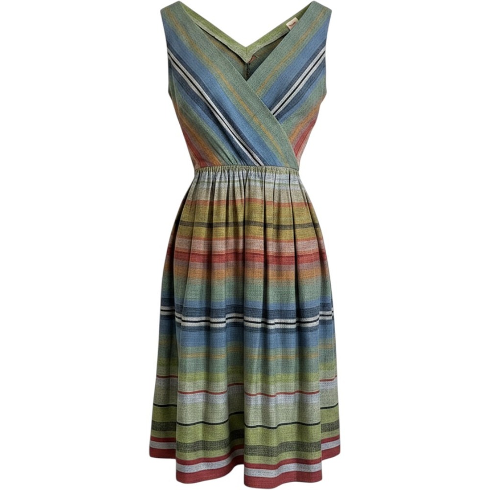 By Petti Pleated Dress Women XS Striped Sleeveless V-Neck Pockets Retro